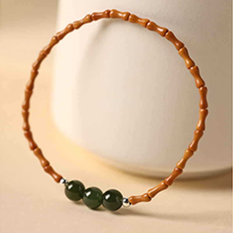 Wear FengShui Natural Olive Pit Bamboo Pattern Hetian Jade Beads Luck Bracelet