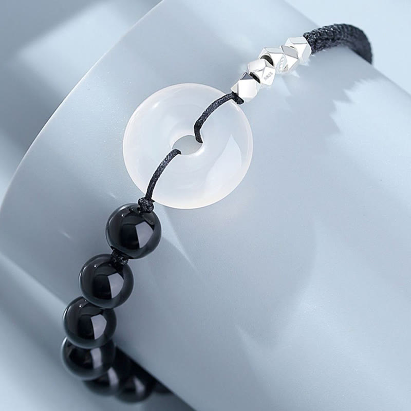 Wear FengShui 925 Sterling Silver Black Obsidian Agate Peace Buckle Strength Bracelet