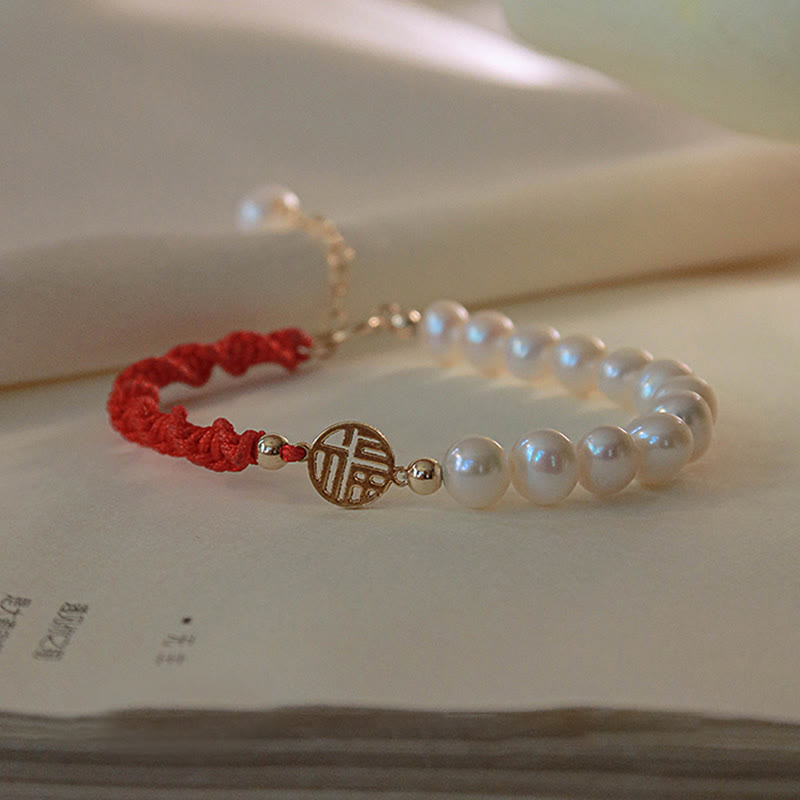 Wear FengShui 14K Gold Plated Pearl Bead Luck Protection Braid Red String Bracelet