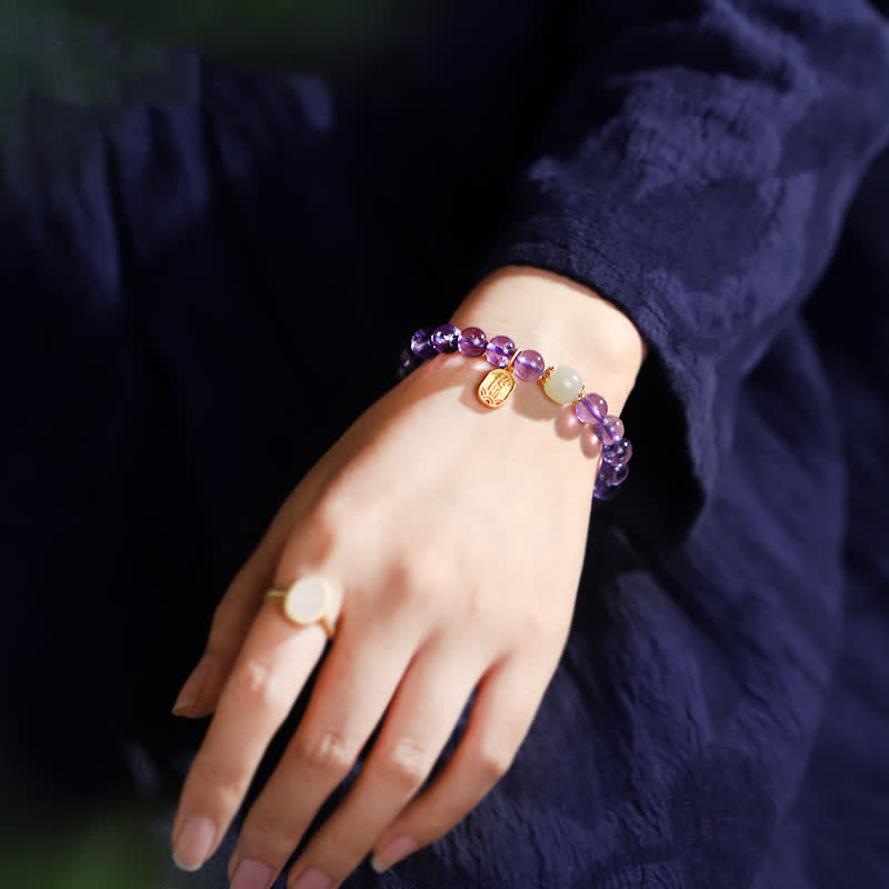 Wear FengShui Natural Amethyst Crystal Hetian Jade Healing Charm Bracelet