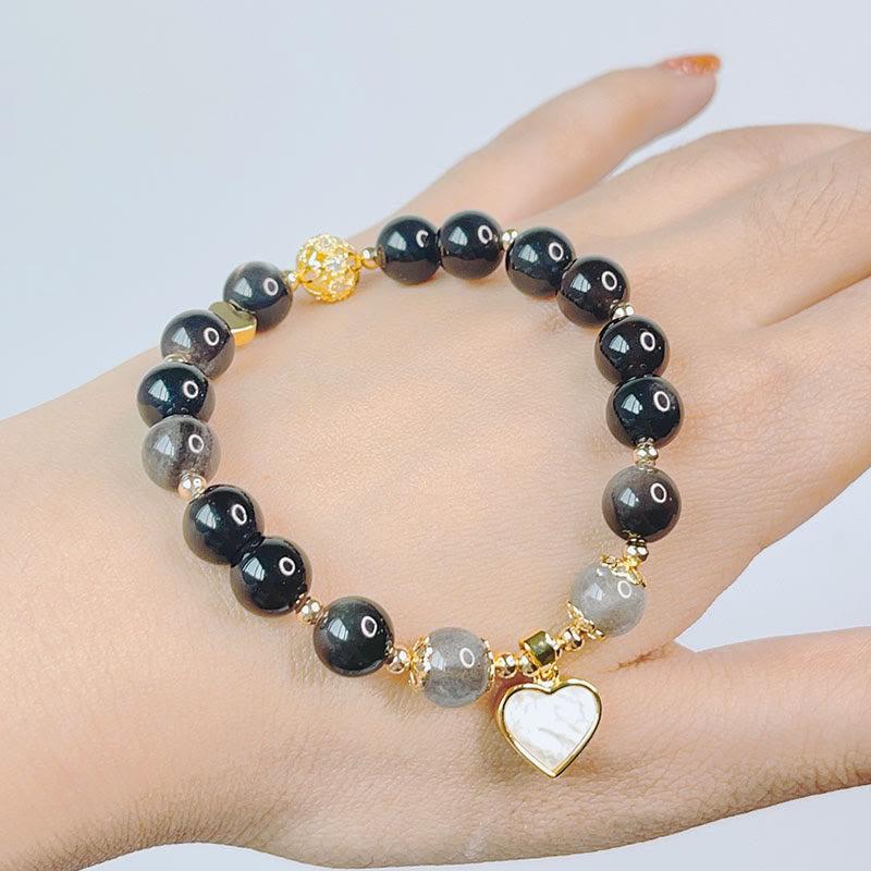 Wear FengShui Natural Silver Sheen Obsidian Love Heart Star Flower Protection Bracelet