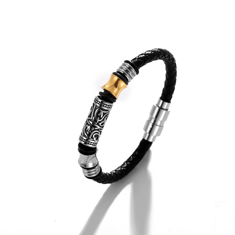 Wear FengShui Tang Dynasty Flower Design Luck Stainless Steel Buckle Leather Bracelet