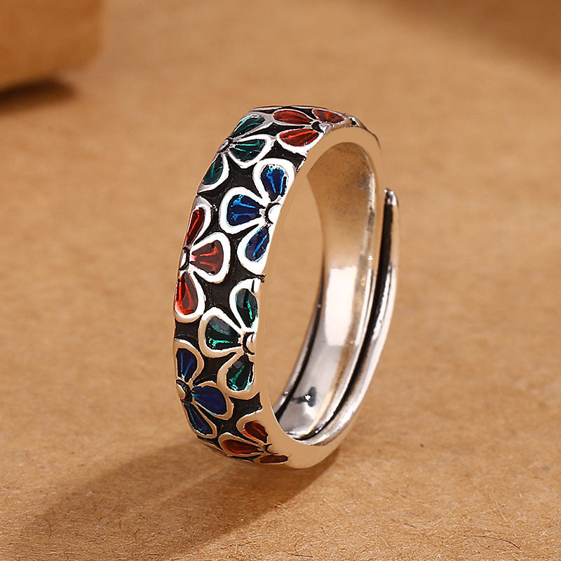 Wear FengShui Colorful Plum Blossoms Design Healing Copper Adjustable Ring