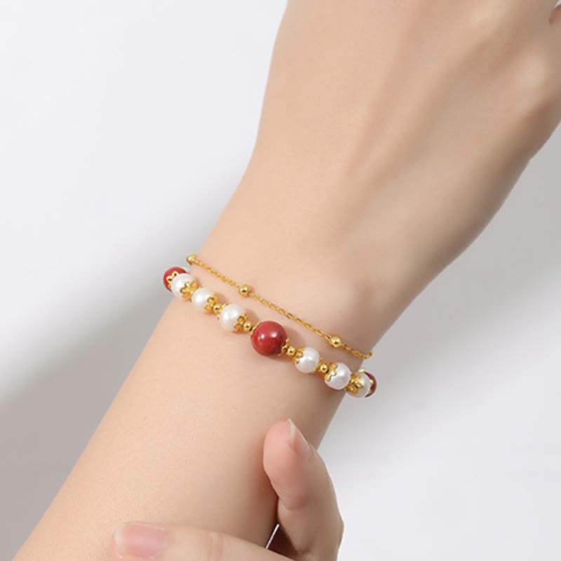 Wear FengShui 925 Sterling Silver Pearl Cinnabar Wisdom Bead Double Layer Chain Bracelet