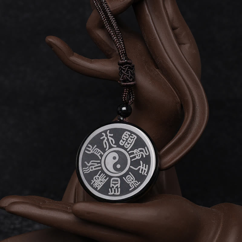 Wear FengShui Black Obsidian Taoism Five Sacred Mountains Nine-Character Mantra Carved Purification Yin Yang Necklace Pendant