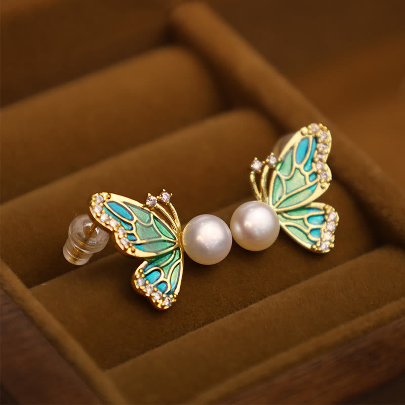 Wear FengShui 925 Sterling Silver Posts 18K Gold Plated Copper Natural Pearl Butterfly Healing Stud Earrings