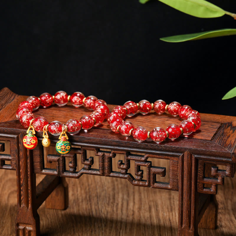 Wear FengShui Gold Swallowing Beast Family Charm Luminous Fluorescent Liuli Glass Bead Success Bracelet