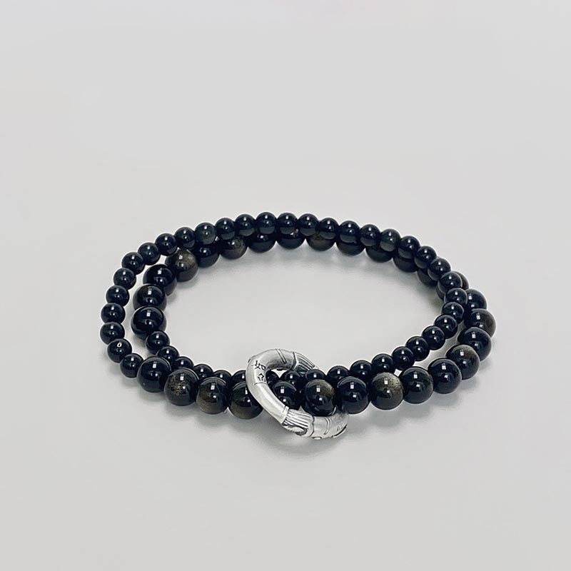 Wear FengShui 999 Sterling Silver Black Obsidian Fulfillment Strength Double Layer Bracelet