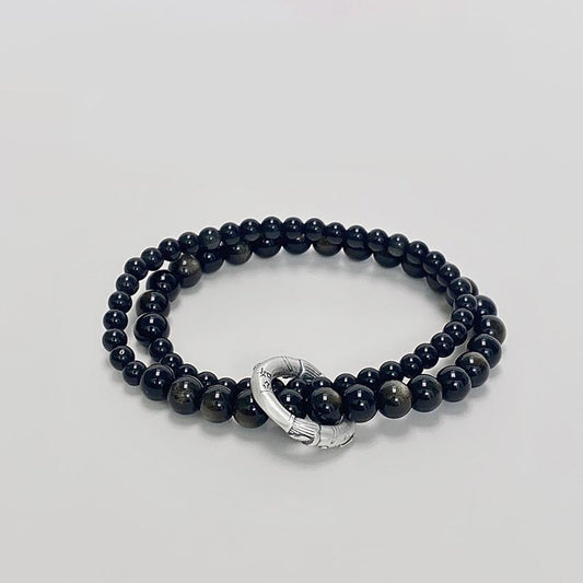 Wear FengShui 999 Sterling Silver Black Obsidian Fulfillment Strength Double Layer Bracelet