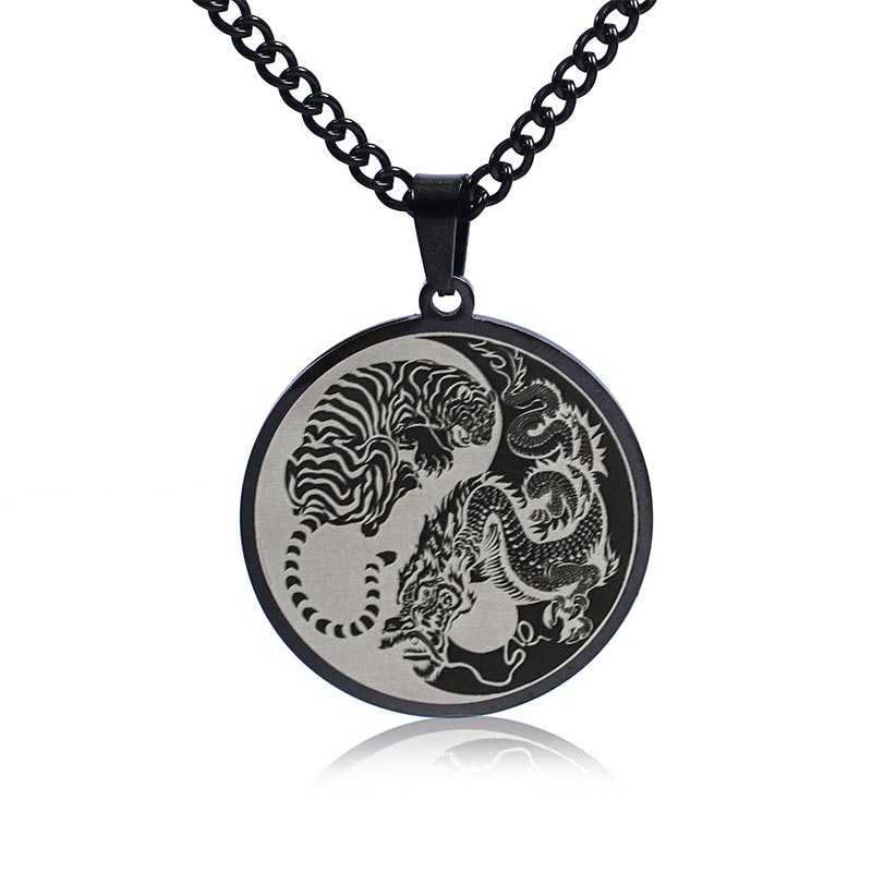 Wear FengShui Tiger Dragon Titanium Steel Chain Necklace Harmony Pendant