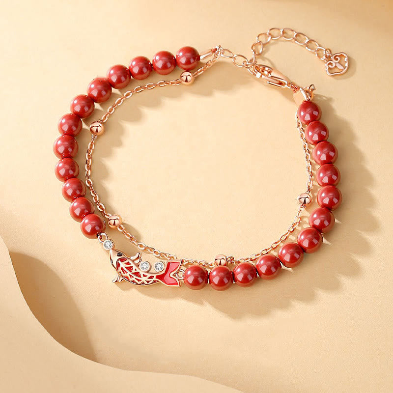 Wear FengShui 925 Sterling Silver Lucky Koi Fish Cinnabar Zircon Prosperity Double Layer Chain Bracelet