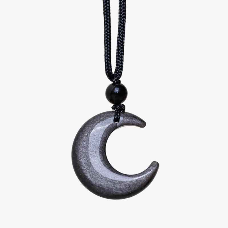 Wear FengShui Natural Silver Sheen Obsidian Selenite Crystal Crescent Moon Yin Yang Couple Protection Necklace Pendant