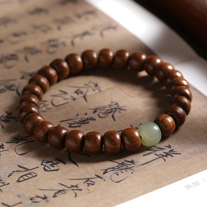 Wear FengShui Natural Abelia Biflora Wood Hetian Jade Bamboo Bead Warding Off Evil Spirits Bracelet