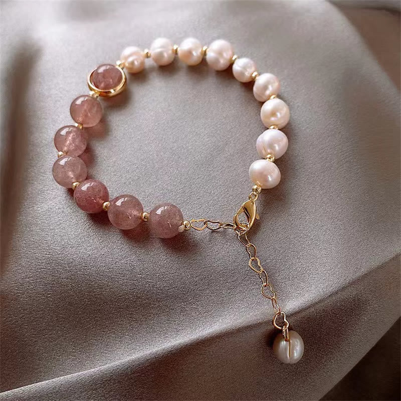 Wear FengShui Natural Strawberry Quartz Pearl Love Positive Chain Bracelet