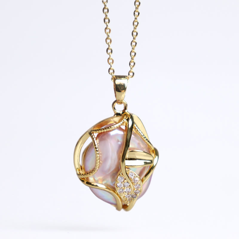 Wear FengShui 18K Gold Plated Copper Natural Baroque Pearl Flower Sincerity Necklace Pendant