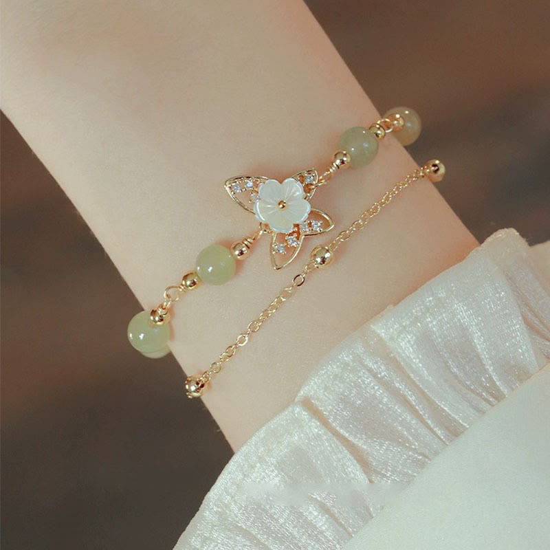 Wear FengShui 14K Gold Plated Jade Butterfly Tridacna Stone Flower Double Layer Luck Bracelet