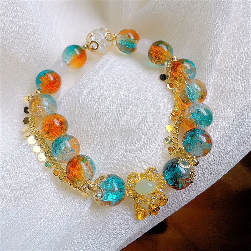 Wear FengShui Colorful Liuli Glass Bead Chinese Lock Charm Fortune Bracelet
