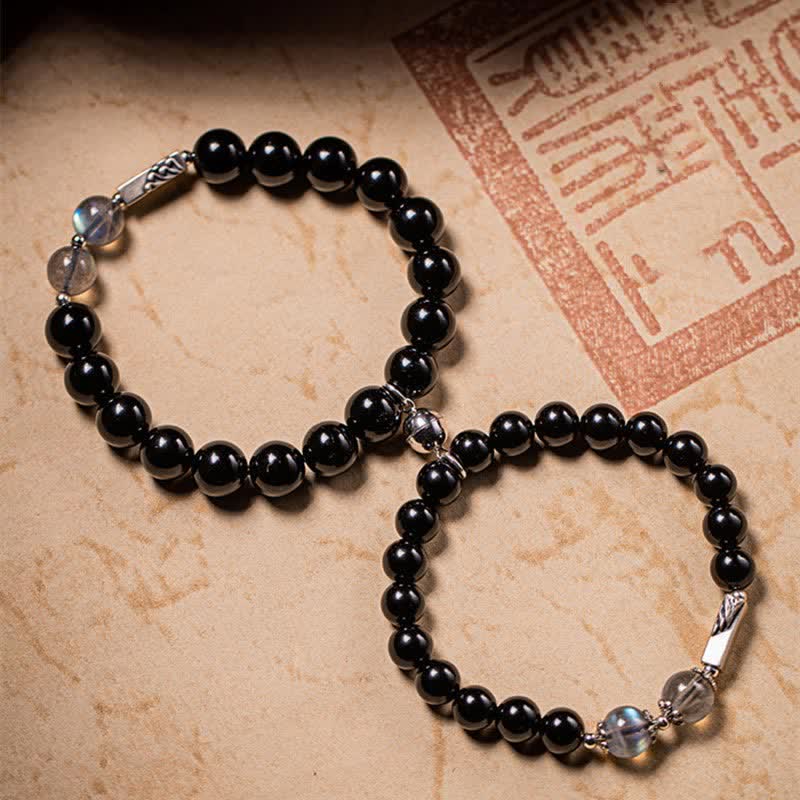 Wear FengShui 925 Sterling Silver Obsidian Moonstone Strength Couple Bracelet