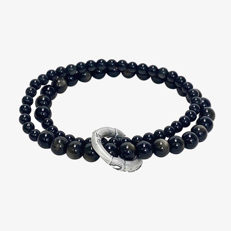 Wear FengShui 999 Sterling Silver Black Obsidian Fulfillment Strength Double Layer Bracelet