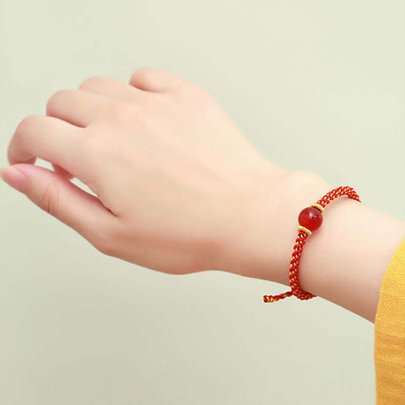 Wear FengShui Handmade Red Agate Amethyst Golden Rutilated Quartz Pink Crystal Bead Calm Braided Bracelet