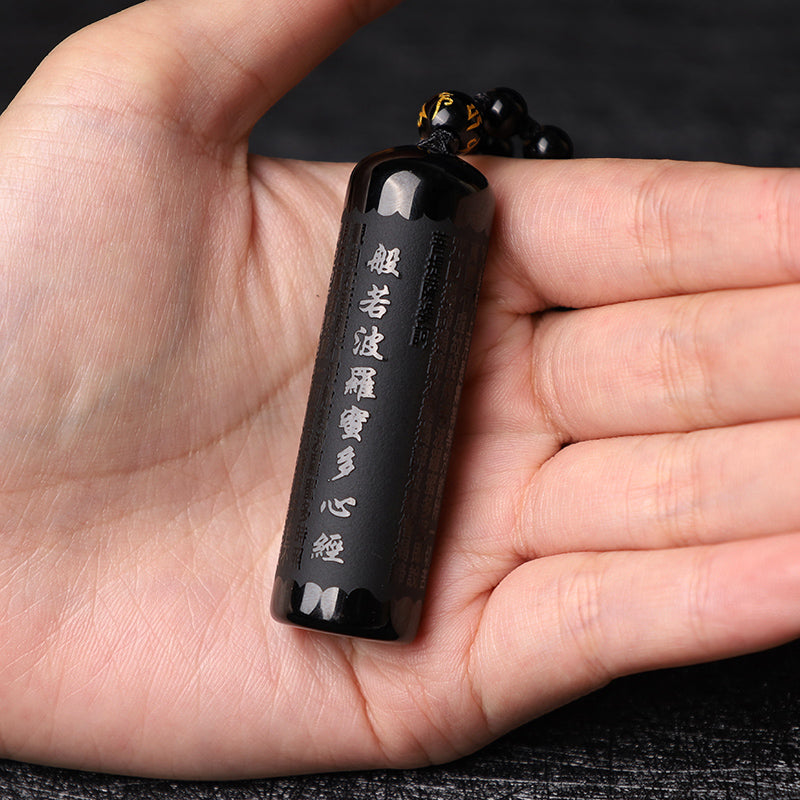 Wear FengShui Natural Black Obsidian Heart Sutra Purification Necklace Pendant