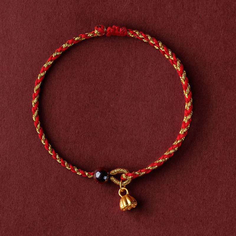 Wear FengShui Handcrafted Red Gold Rope Lotus Peace And Joy Charm Braid Bracelet