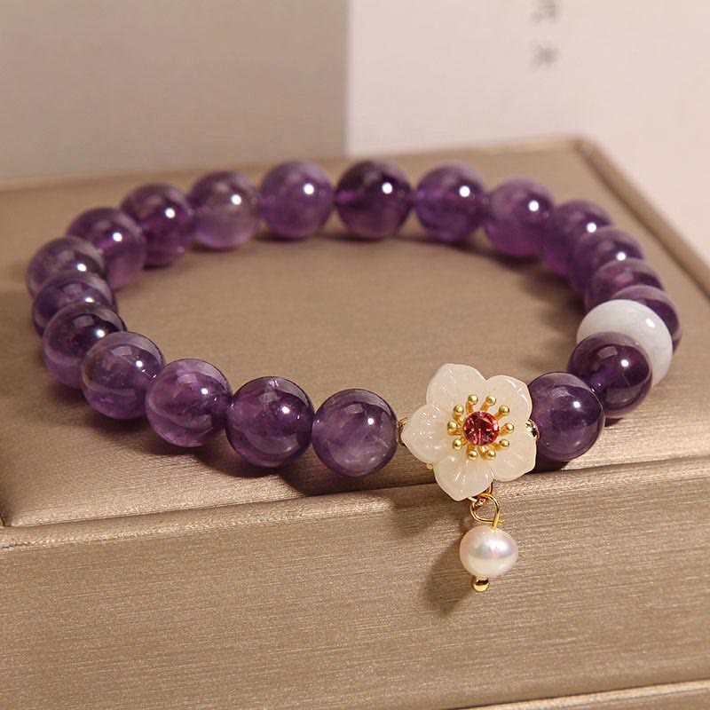 Wear FengShui Natural Amethyst White Agate Pearl Charm Balance Bracelet