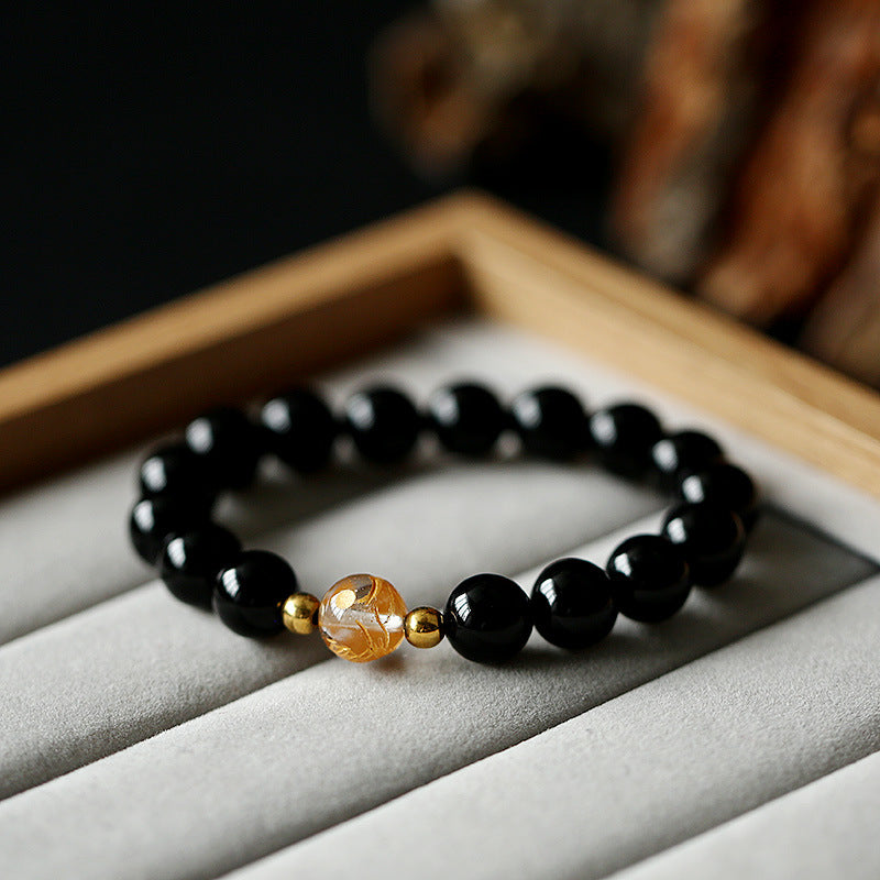 Wear FengShui Natural Black Obsidian White Crystal Black Onyx Dragon Strength Bracelet