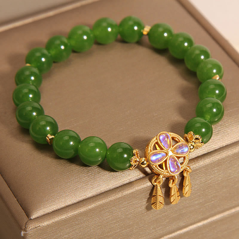 Wear FengShui Green Jade Dreamcatcher Four Leaf Clover Luck Bracelet