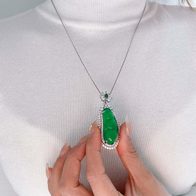 Wear FengShui Fortune Bean Cyan Jade Luck Necklace Pendant