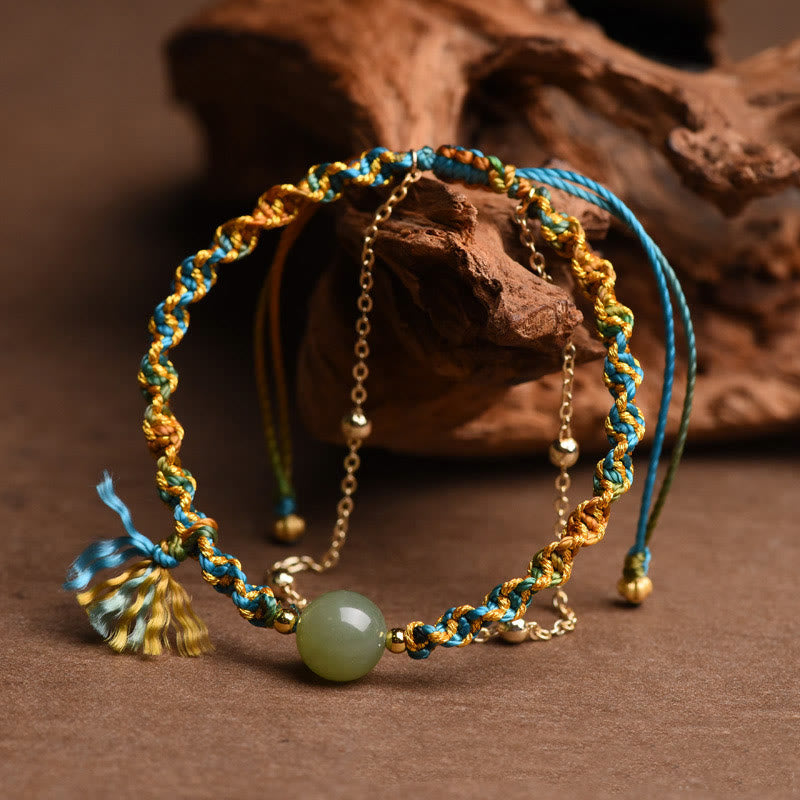 Wear FengShui Handmade Colorful Rope Luck Jade Bead Abundance Double Layer Bracelet