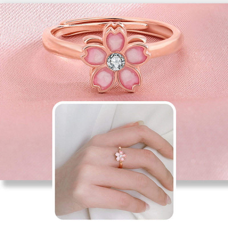 Wear FengShui 925 Sterling Silver Cherry Blossom Blessing Chain Bracelet Rotatable Ring
