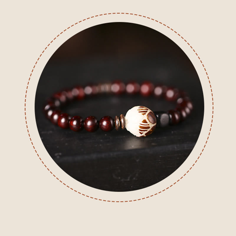 Wear FengShui Small Leaf Red Sandalwood Lotus Bodhi Seed Carved Protection Double Wrap Bracelet