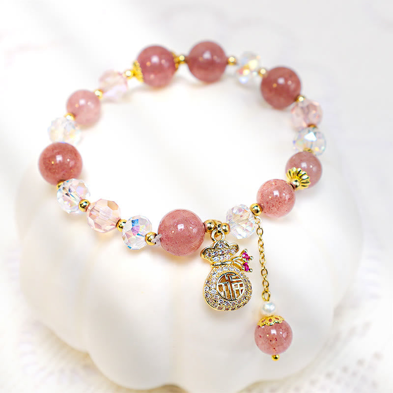 Wear FengShui Natural Strawberry Quartz Crystal Money Bag Charm Positive Bracelet