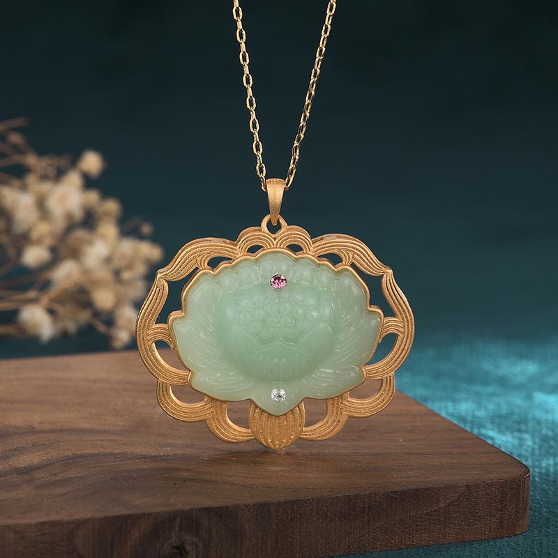 Wear FengShui Natural Jade Lotus Harmony Necklace Pendant