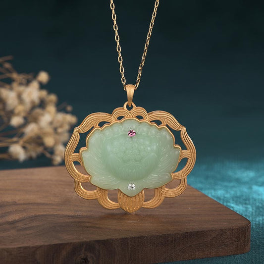 Wear FengShui Natural Jade Lotus Harmony Necklace Pendant