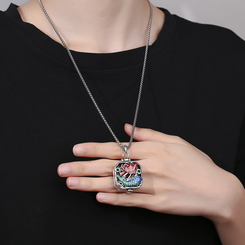 Wear FengShui Koi Fish Lotus Copper Coins Luck Ghau Prayer Box Necklace Pendant
