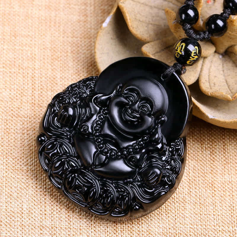 Wear FengShui Laughing Buddha Black Obsidian Strength Protection Pendant Necklace