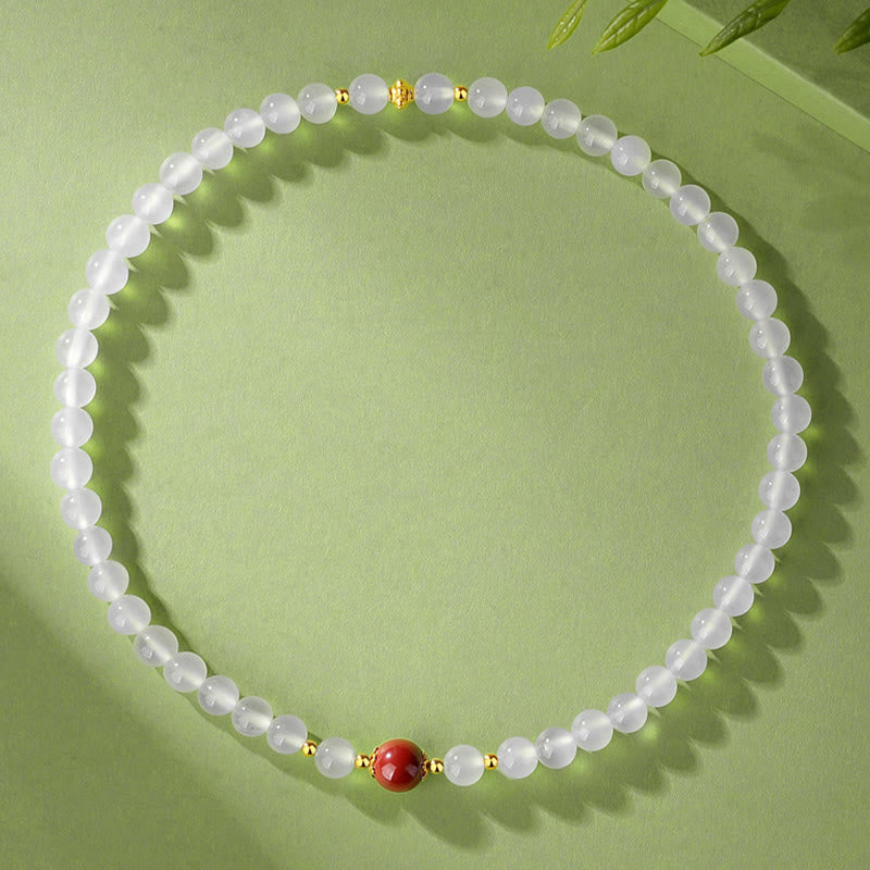 Wear FengShui 925 Sterling Silver Natural White Agate Cinnabar Double Wrap Protection Bracelet