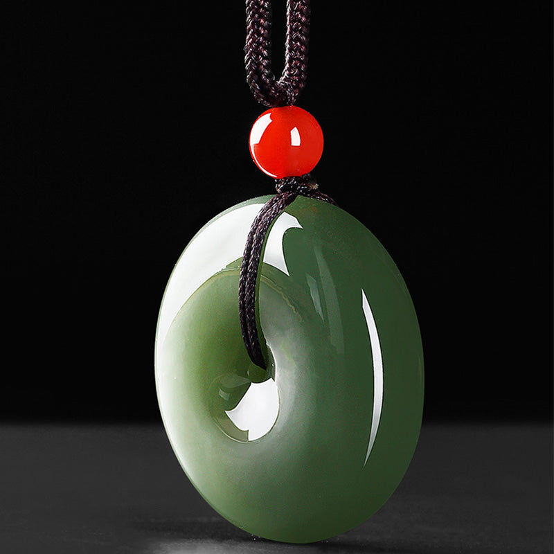 Wear FengShui Natural Round Jade Peace Buckle Prosperity Necklace String Pendant