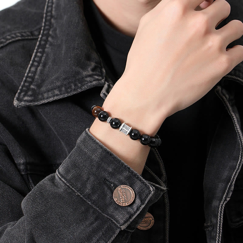 Wear FengShui 999 Sterling Silver Black Obsidian Tiger Eye Om Mani Padme Hum Fulfillment Bracelet