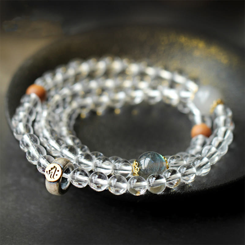 Wear FengShui 925 Sterling Silver Chinese Zodiac Natal Buddha White Crystal Meditation Triple Wrap Bracelet