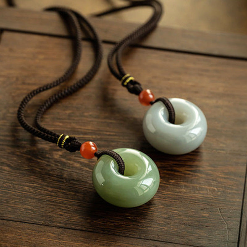 Wear FengShui Natural Round Jade Gray Jade Peace Buckle Luck Necklace Pendant