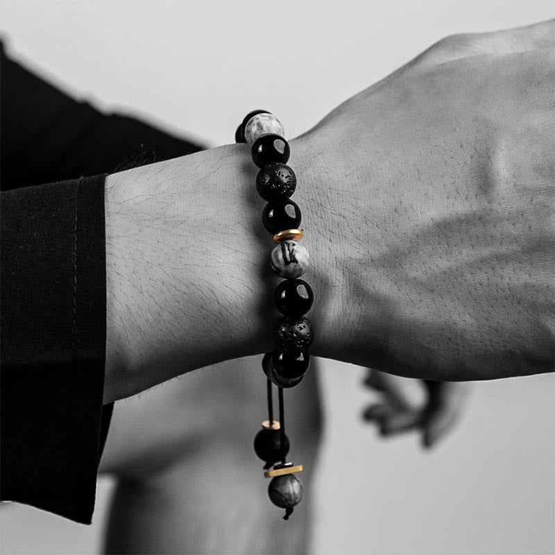 Wear FengShui Black Obsidian Lava Rock Stone Yin Yang Strength Bracelet