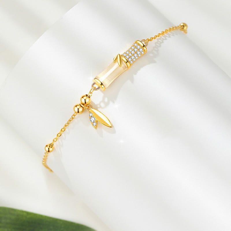 Wear FengShui 925 Sterling Silver 18K Gold Plated White Jade Bamboo Zircon Leaf Luck Bracelet