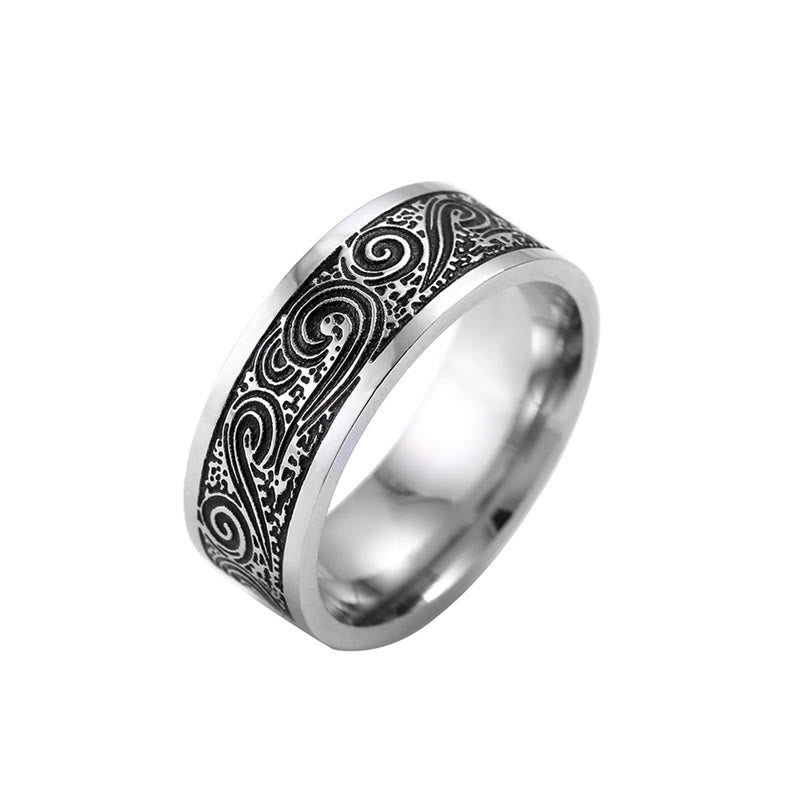 Wear FengShui Vintage Wave Auspicious Clouds Engraved Pattern Titanium Steel Balance Ring