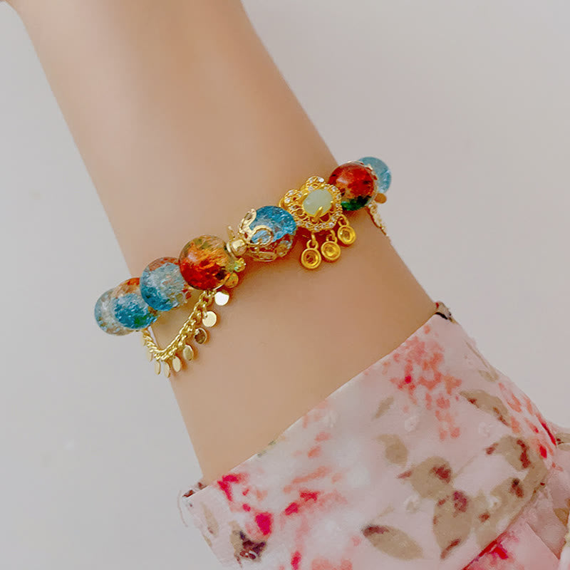 Wear FengShui Colorful Liuli Glass Bead Chinese Lock Charm Fortune Bracelet