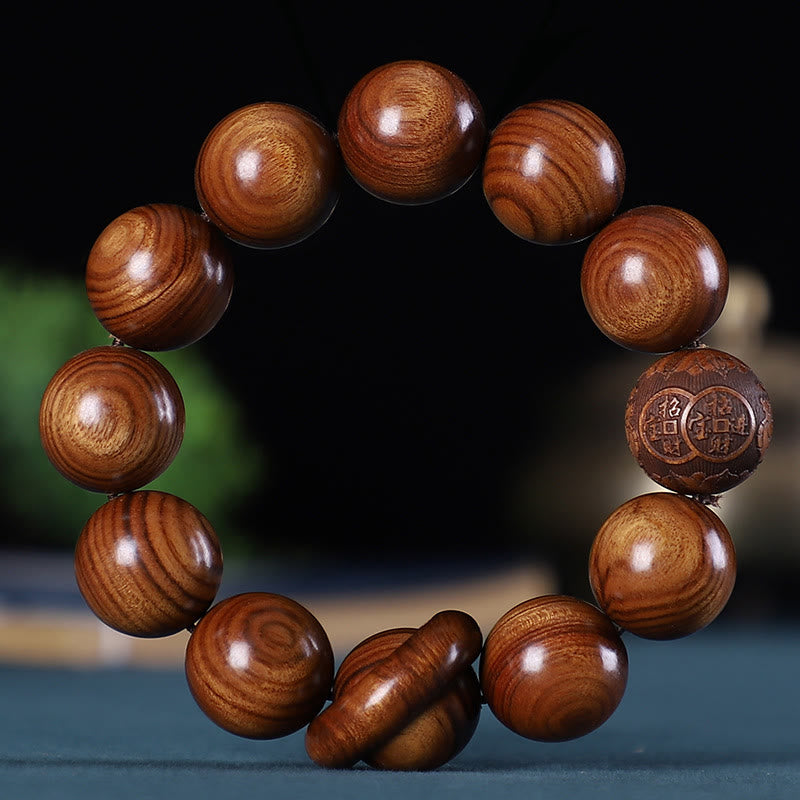 Wear FengShui Chinese Zodiac Rosewood Green Sandalwood Ebony Wood Copper Coin Carved Calm Bracelet