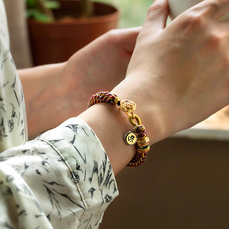 Wear FengShui 925 Sterling Silver Chinese Zodiac Natal Buddha Om Mani Padme Hum Luck Bell Braided String Bracelet
