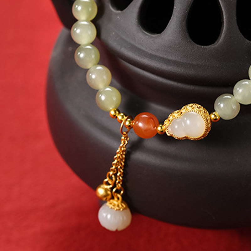 Wear FengShui 925 Sterling Silver Hetian Jade Gourd Lotus Abundance Luck Bracelet